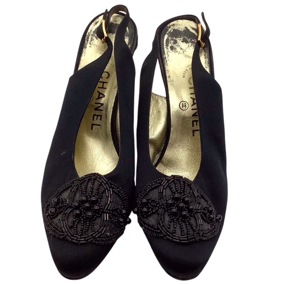 Chanel Vintage Satin Slingback Heel with Beaded Appliqué at Vamp. - Picture 1 of 7
